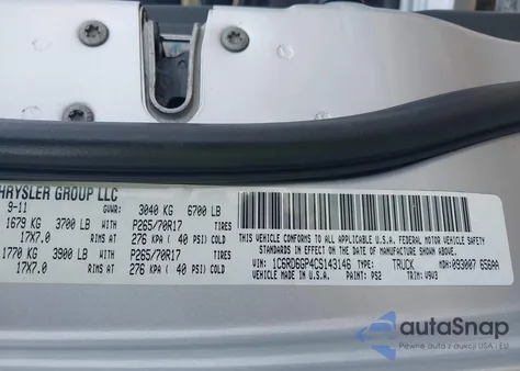 2012 Ram 1500 Slt z USA, uszkodzony, nr VIN 1C6RD6GP4CS143146